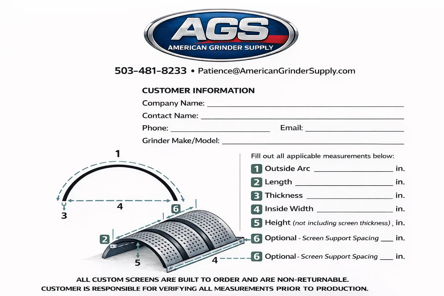 AGS grinder screen measurement form — thickness, length, arc