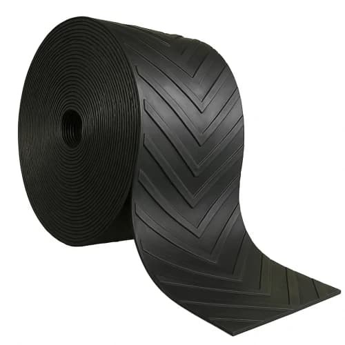 Roll of chevron-tread rubber belting