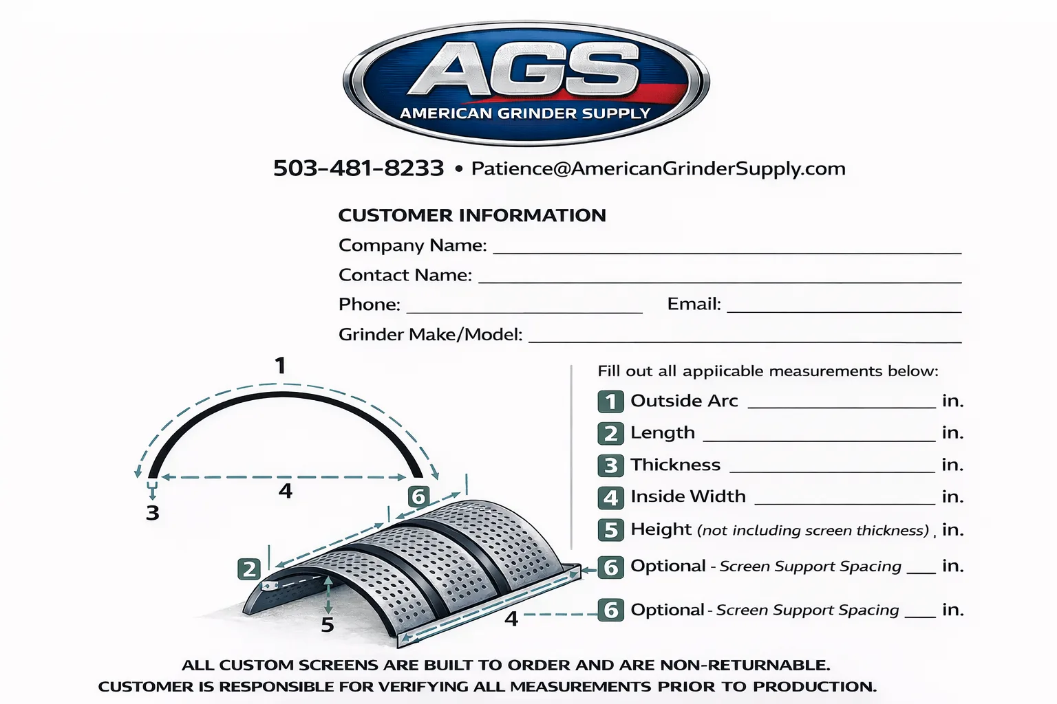 AGS grinder screen measurement form
